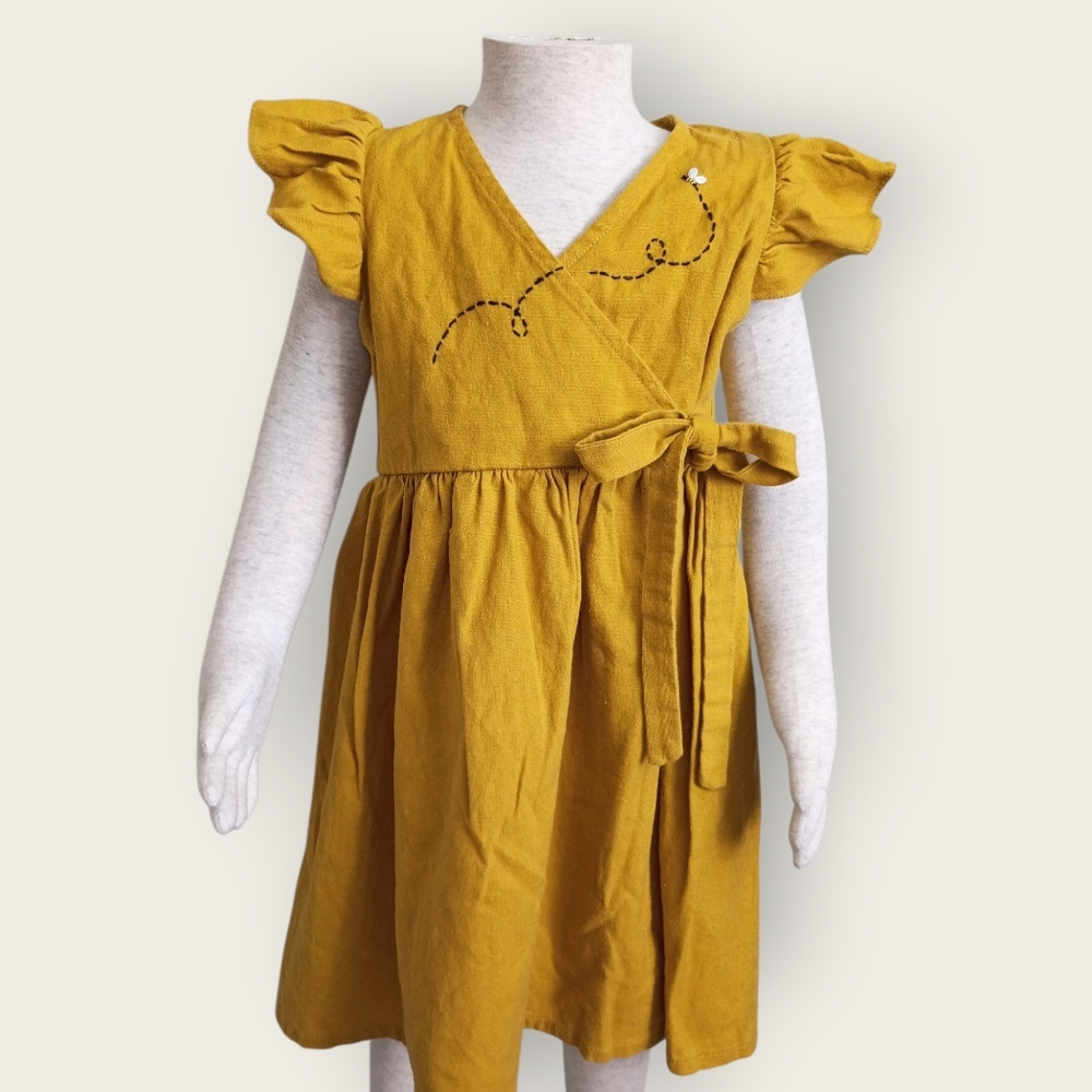Girls' Mustard Wrap Dress with Bow Detail